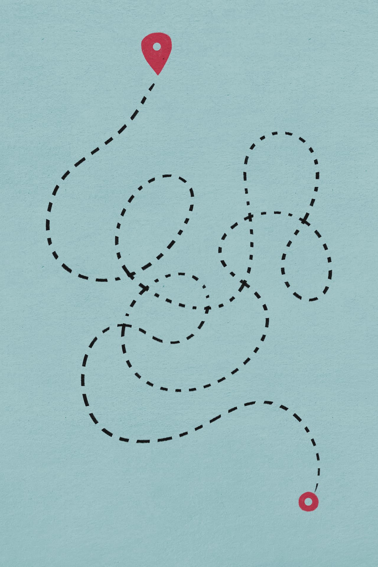 A winding dotted path leading from one point to another